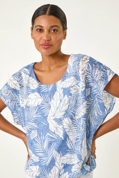 Roman Light Blue Leaf Print Lace Bubble Hem Top