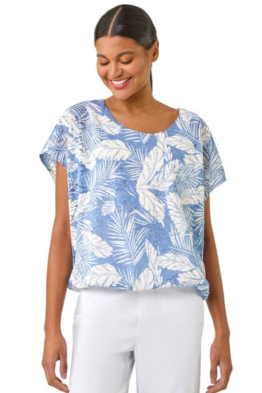 Roman Light Blue Leaf Print Lace Bubble Hem Top