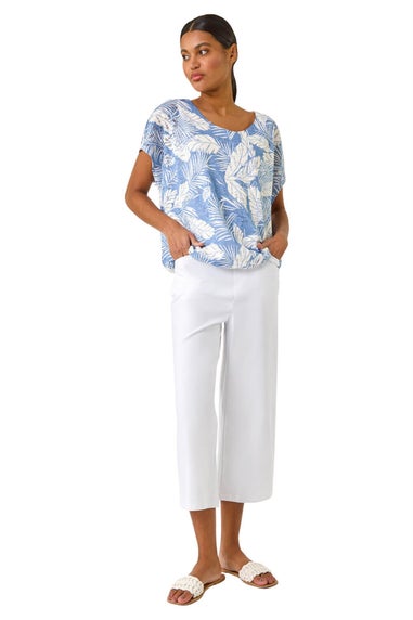 Roman Light Blue Leaf Print Lace Bubble Hem Top