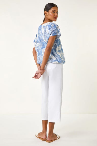 Roman Light Blue Leaf Print Lace Bubble Hem Top