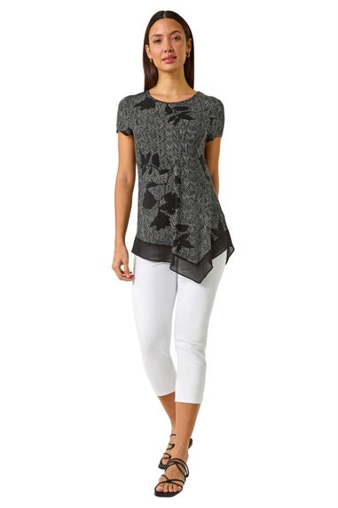 Roman Black Floral Print Chiffon Hem Top