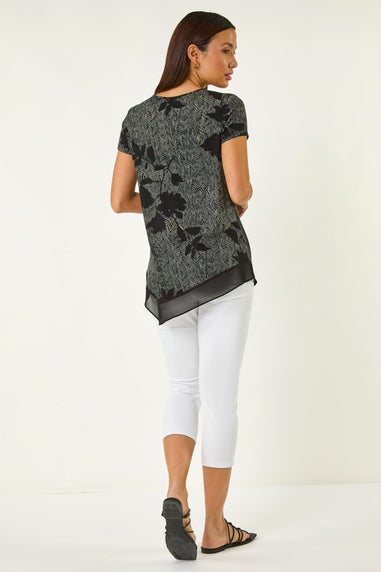 Roman Black Floral Print Chiffon Hem Top