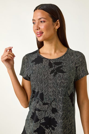 Roman Black Floral Print Chiffon Hem Top