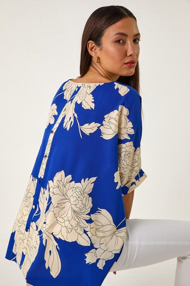 Roman Ink Blue Floral Button Detail Top