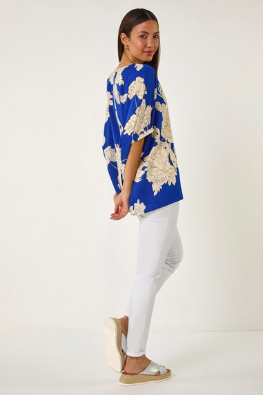 Roman Ink Blue Floral Button Detail Top