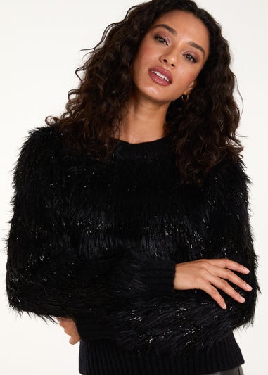 Blue Vanilla Black Fluffy Contrast Stripe Jumper