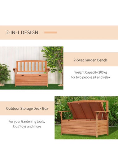 Outsunny Garden Storage Bench 2 Seater Fir Wood Outdoor Bench