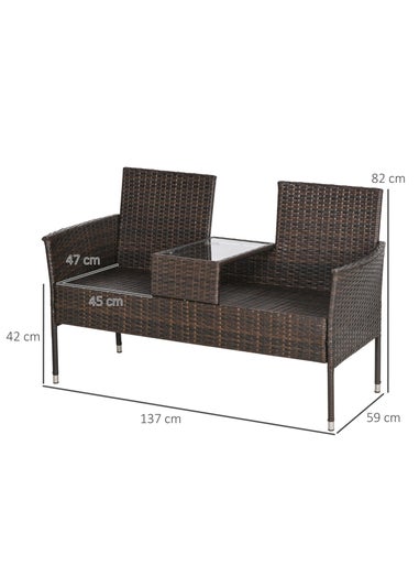 Outsunny Rattan Garden Bench Glass Tea Table Wicker Chair with Cushions