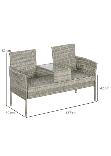 Outsunny Rattan Garden Bench Glass Tea Table Wicker Chair with Cushions