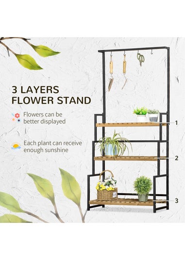 Outsunny 3 Tiered Plant Stand Rack with Hanging Hooks for Indoor Outdoor