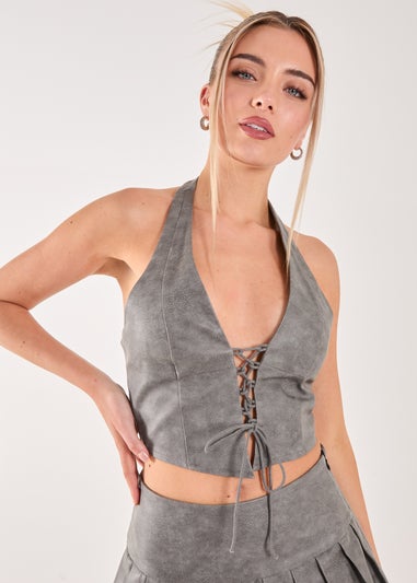 Pink Vanilla Black Washed PU Tie Detail Corset Top