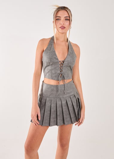 Pink Vanilla Black Washed PU Tie Detail Corset Top