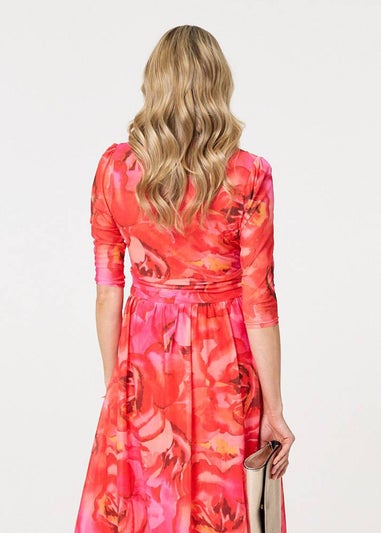 Izabel London Orange Floral Mesh Ruched Midi Faux Wrap Dress