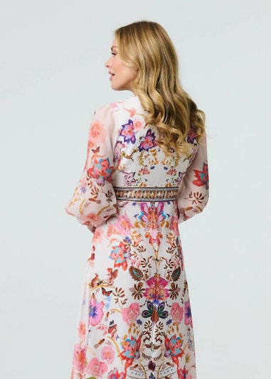 Izabel London Pink Floral Border Print Kimono Midi Dress