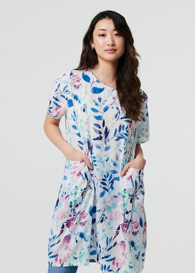 Izabel London Blue Leaf Print Pocket Front Short Shift Dress