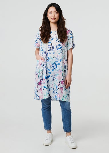 Izabel London Blue Leaf Print Pocket Front Short Shift Dress