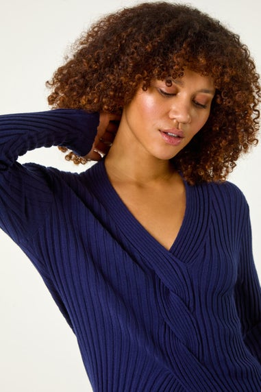 Roman Navy V-Neck Cable Ribbed Knit Jumper