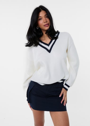 Pink Vanilla Ivory Varsity V Neck Sweater