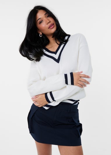 Pink Vanilla Ivory Varsity V Neck Sweater