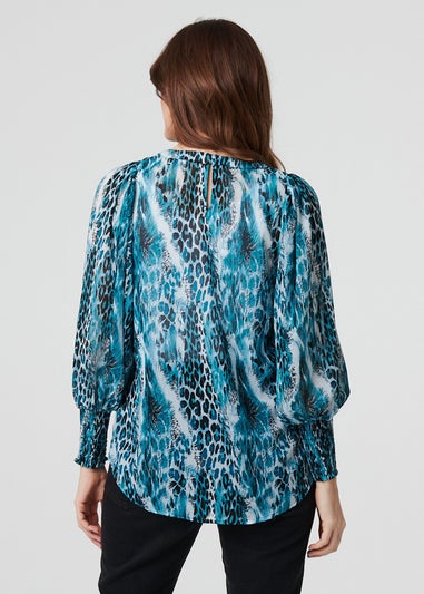 Izabel London Blue Animal Print Semi Sheer Blouse Top