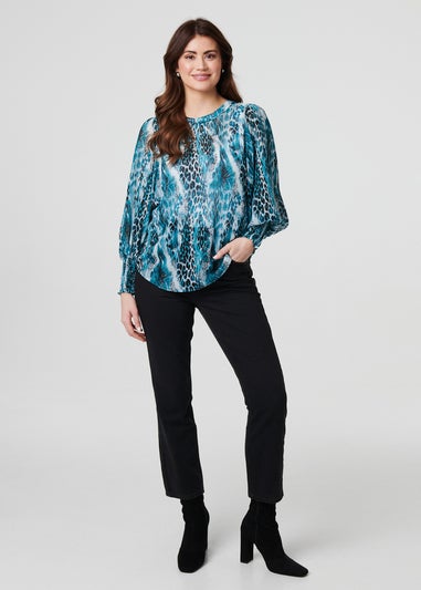 Izabel London Blue Animal Print Semi Sheer Blouse Top