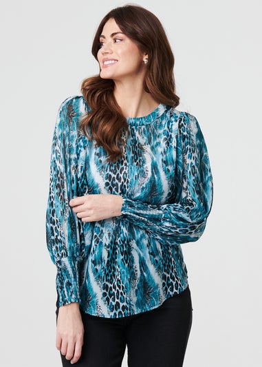 Izabel London Blue Animal Print Semi Sheer Blouse Top