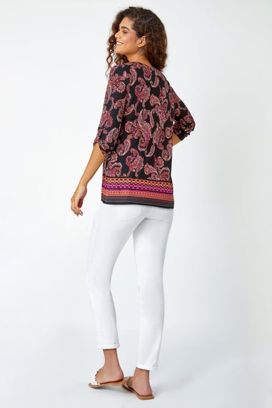 Roman Red Paisley Border Print Stretch Tunic Top