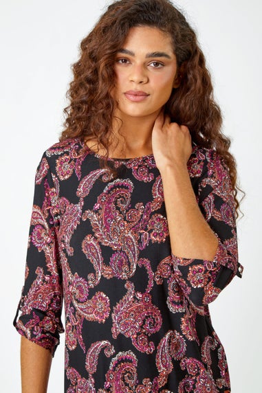Roman Red Paisley Border Print Stretch Tunic Top