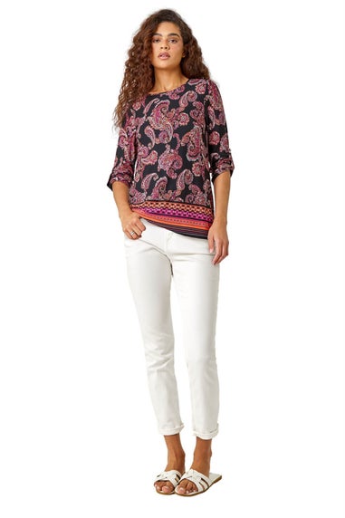 Roman Red Paisley Border Print Stretch Tunic Top