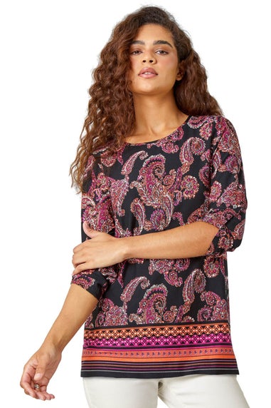 Roman Red Paisley Border Print Stretch Tunic Top