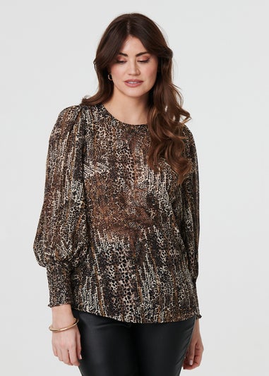 Izabel London Beige Animal Print Sheer Mesh Blouse