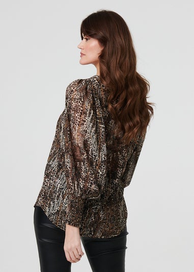 Izabel London Beige Animal Print Sheer Mesh Blouse