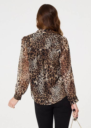 Izabel London Beige Animal Print Tie Neck Long Sleeve Blouse