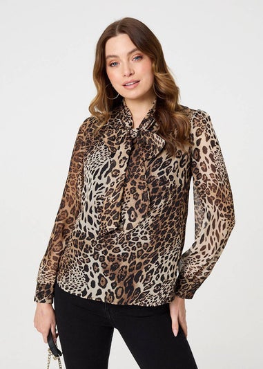 Izabel London Beige Animal Print Tie Neck Long Sleeve Blouse