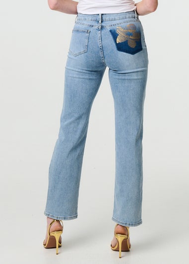 Izabel London Blue Floral Pocket Patch Straight Fit Jeans