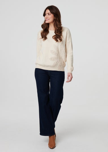 Izabel London Ivory Floral Embroidered Drop Shoulder Jumper