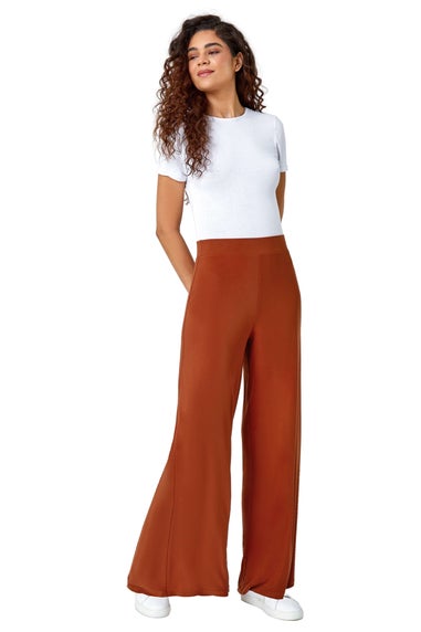 Roman Burnt Orange Elastic Waist Wide Leg Stretch Trousers