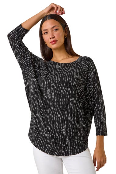 Roman Black Swirl Spot Print Stretch Top