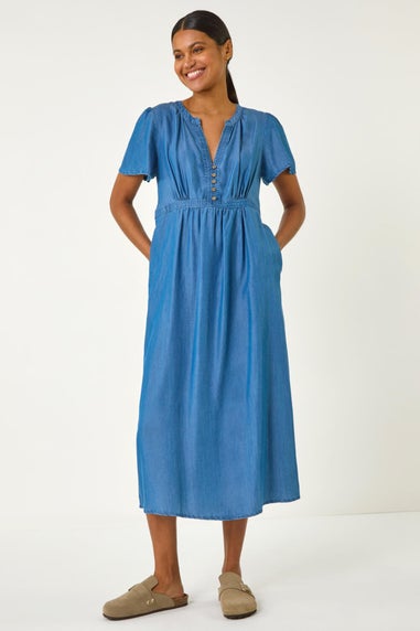 Roman Denim V-Neck Midi Dress