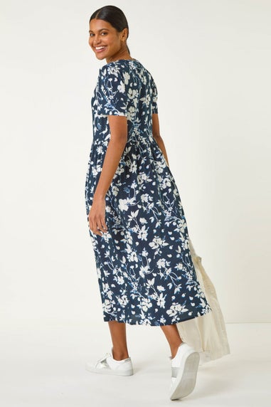 Roman Navy Floral Print Button Through Midi Dress