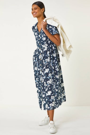 Roman Navy Floral Print Button Through Midi Dress