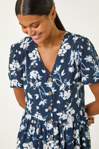 Roman Navy Floral Print Button Through Midi Dress