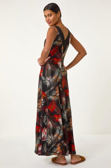 Roman Rust Palm Print Contrast Band Maxi Dress