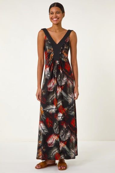 Roman Rust Palm Print Contrast Band Maxi Dress