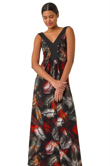 Roman Rust Palm Print Contrast Band Maxi Dress