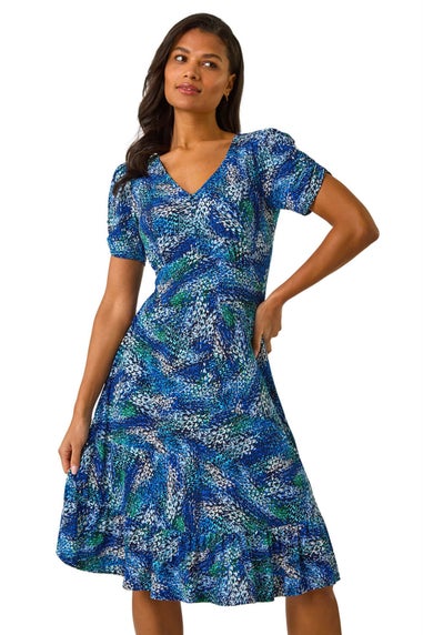 Roman Navy Stretch Abstract Buttoned Tea Dress