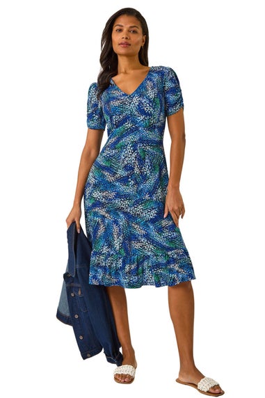 Roman Navy Stretch Abstract Buttoned Tea Dress