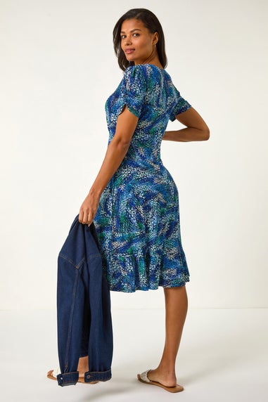 Roman Navy Stretch Abstract Buttoned Tea Dress