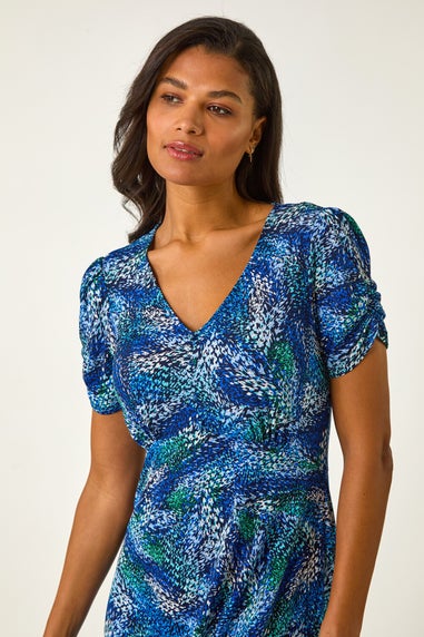 Roman Navy Stretch Abstract Buttoned Tea Dress