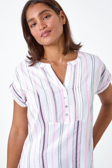 Roman Pink Stripe Print Button Detail V-Neck Top